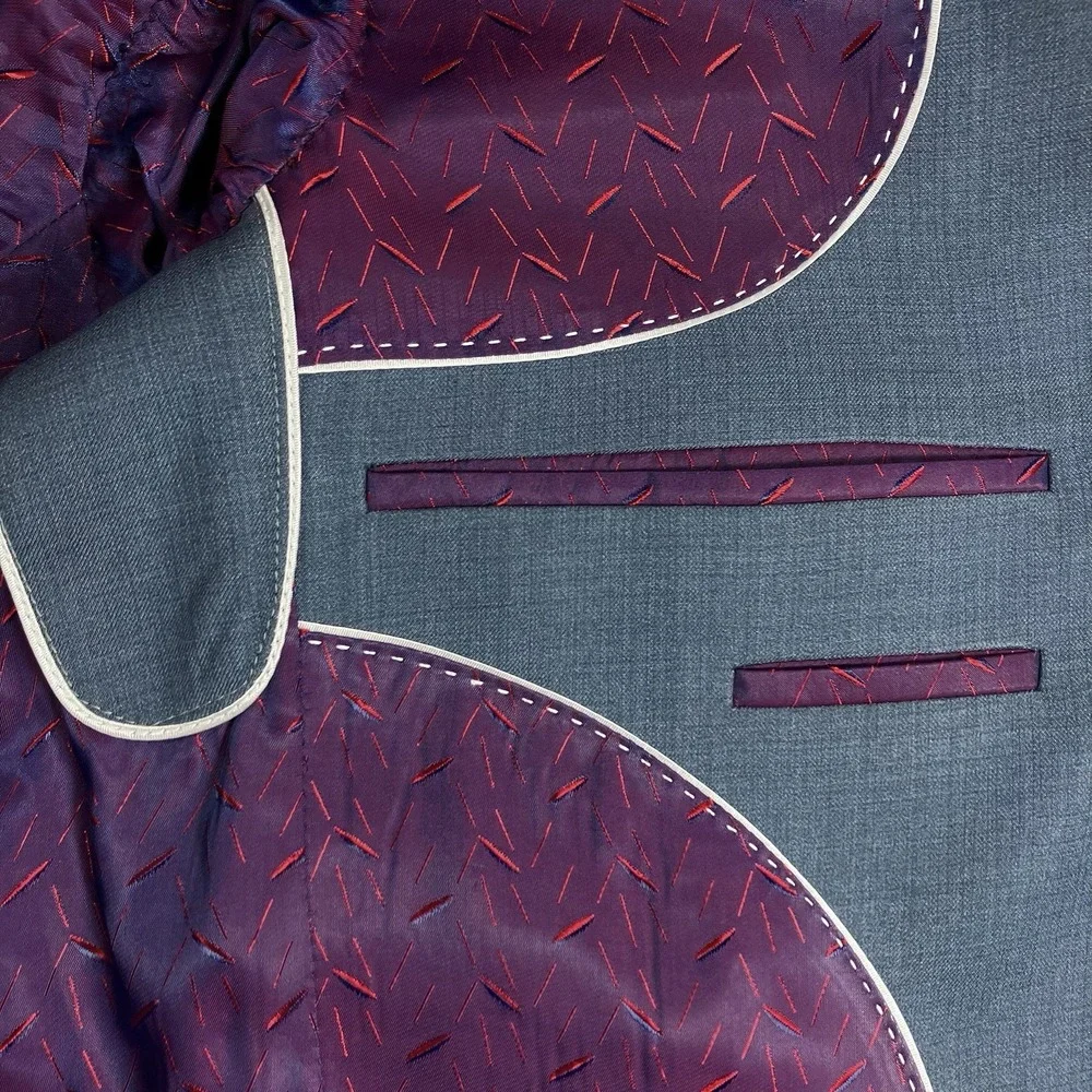 Bespoke Blazer Blue Grey Hand Tailored Two Button Burgundy Purple Jaquard Lining